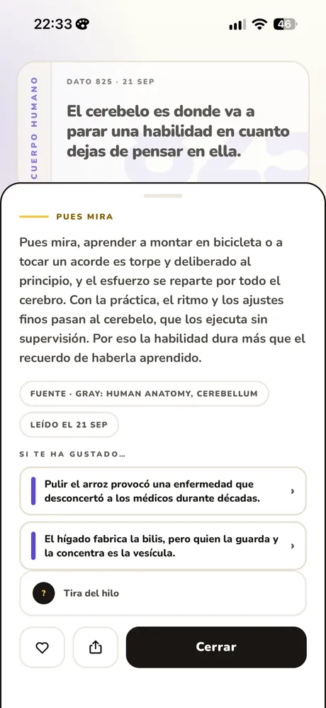 A fact opened in the app: the sheet with the explanation and, underneath, the pill that names where the information comes from and the day you read it.
