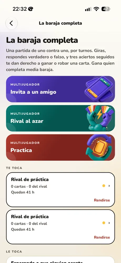 The full deck: the front page with the three ways to start — invite someone, a random opponent, or practice — and below it the games where it is your turn.